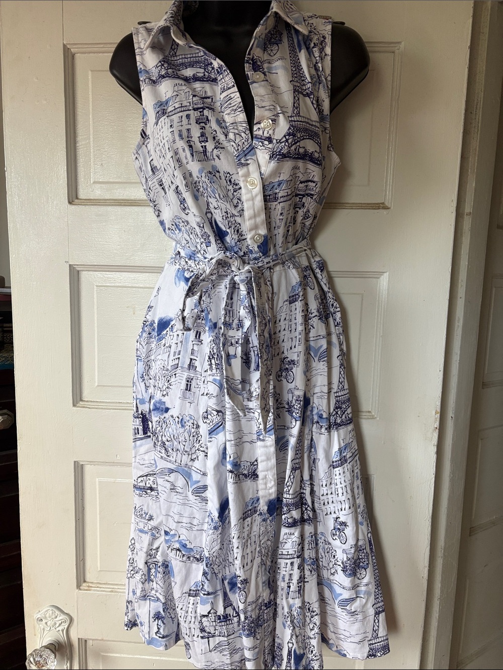 Chetta B Cotton Paris Sleeveless Blue & White Printed Shirt Dress with Tie Waist
